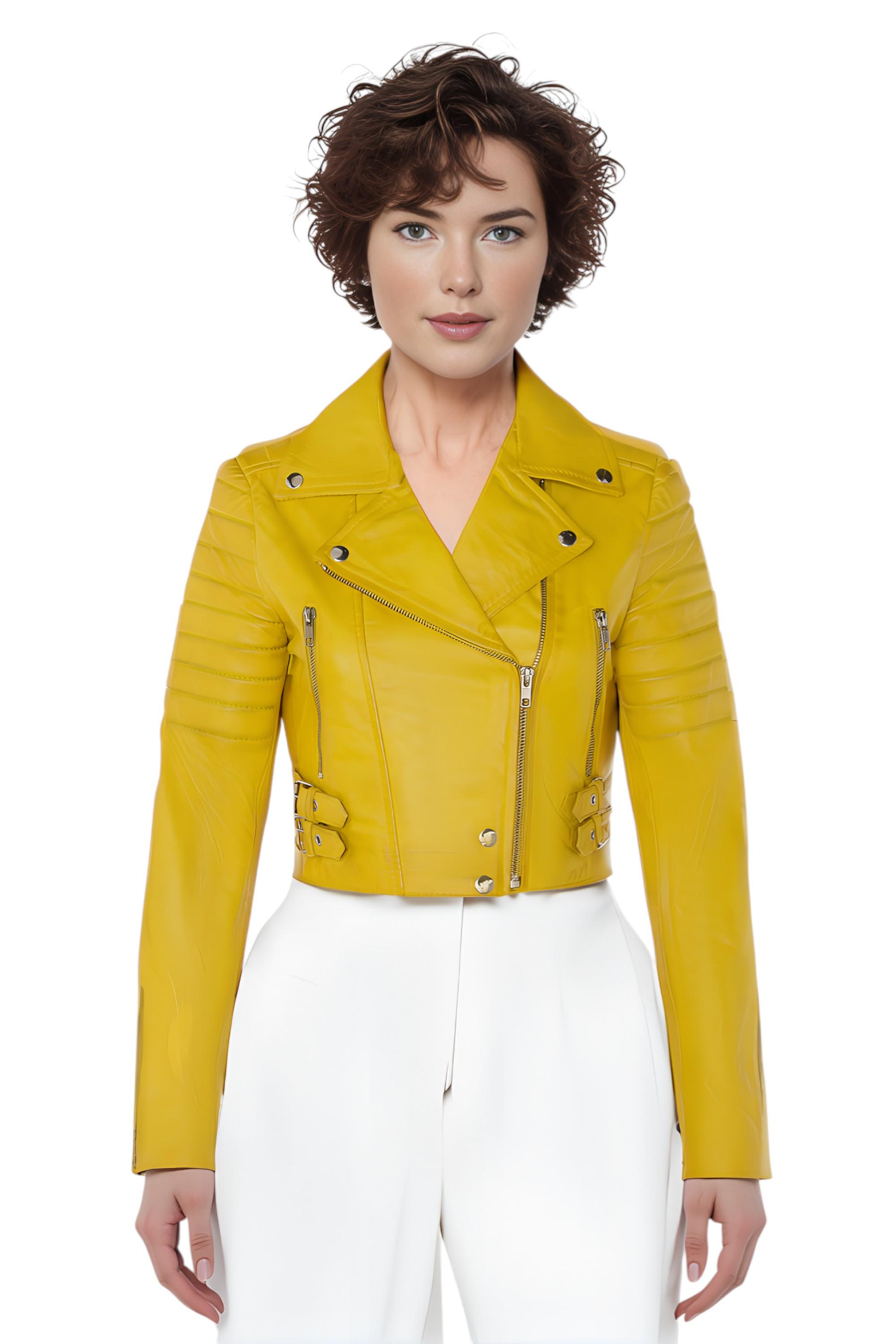 Gelbe kurze Brando-Bikerjacke aus Leder für Damen – Bellville