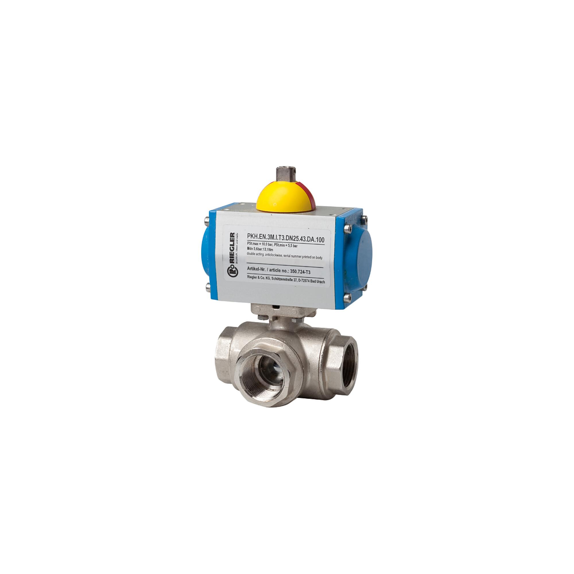 Riegler Messingkugelhahn, pneumat. Stellantrieb, L-Bohrung, Rp 3/4 (350.611)