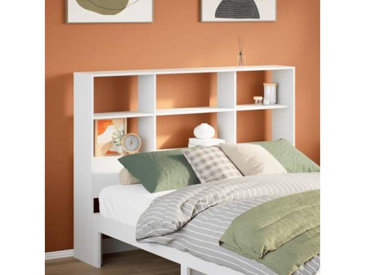 KTHLBRH Kopfteil mit Einlegeböden aus massivem Kiefernholz, weiß, 160 cm, 6 Fächer, selbsttragendes Kopfteil für platzsparende Aufbewahrung, rustikales Design und große Aufbewahrung, einfach