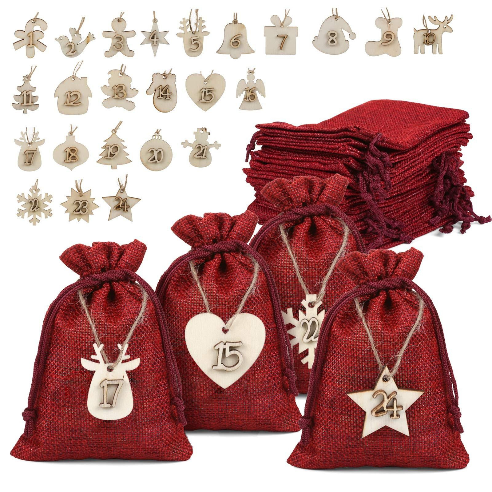 Set van 24 Jute Tassen met Houten Labels voor Adventskalender