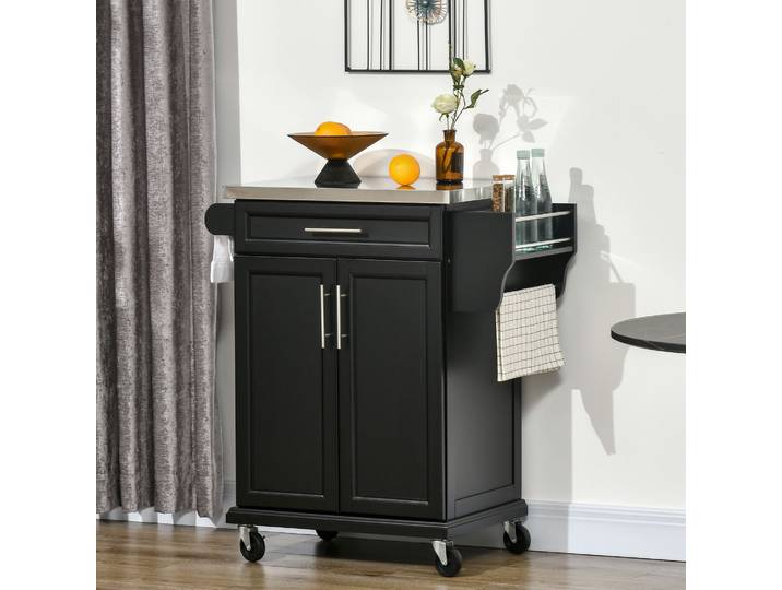 HOMCOM Îlot Cuisine Bois Noir Roulettes Placard Étagère Inox