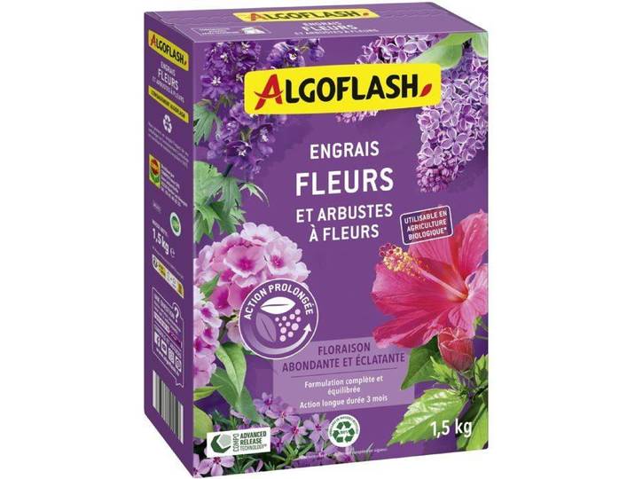 ALGOFLASH Engrais granulé pour plantes à fleurs et arbustes à fleurs\, 1\,5 kg\, durée d'action jusqu'à 3 mois