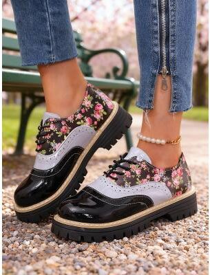 LightInthebox Women's 1970s Vintage Floral Platform Brogues – Retro Patent Faux Leather Lace-Up for Casual Outings, Street Style Day Wear
