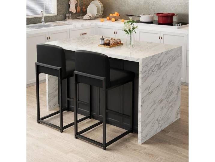 Lot 2 tabourets bar noir moderne faux cuir dossier métal cuisine/salon