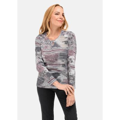 Print-Shirt GOLDNER "Kurzgröße Leichtes Druckshirt mit Allover-Design", Damen, Gr. 19, lila (beere, gemustert), Obermaterial: 96% Polyester PES. 4% Elasthan EL., figurumspielend, Shirts, Druckmix verschiedener Strickstrukturen