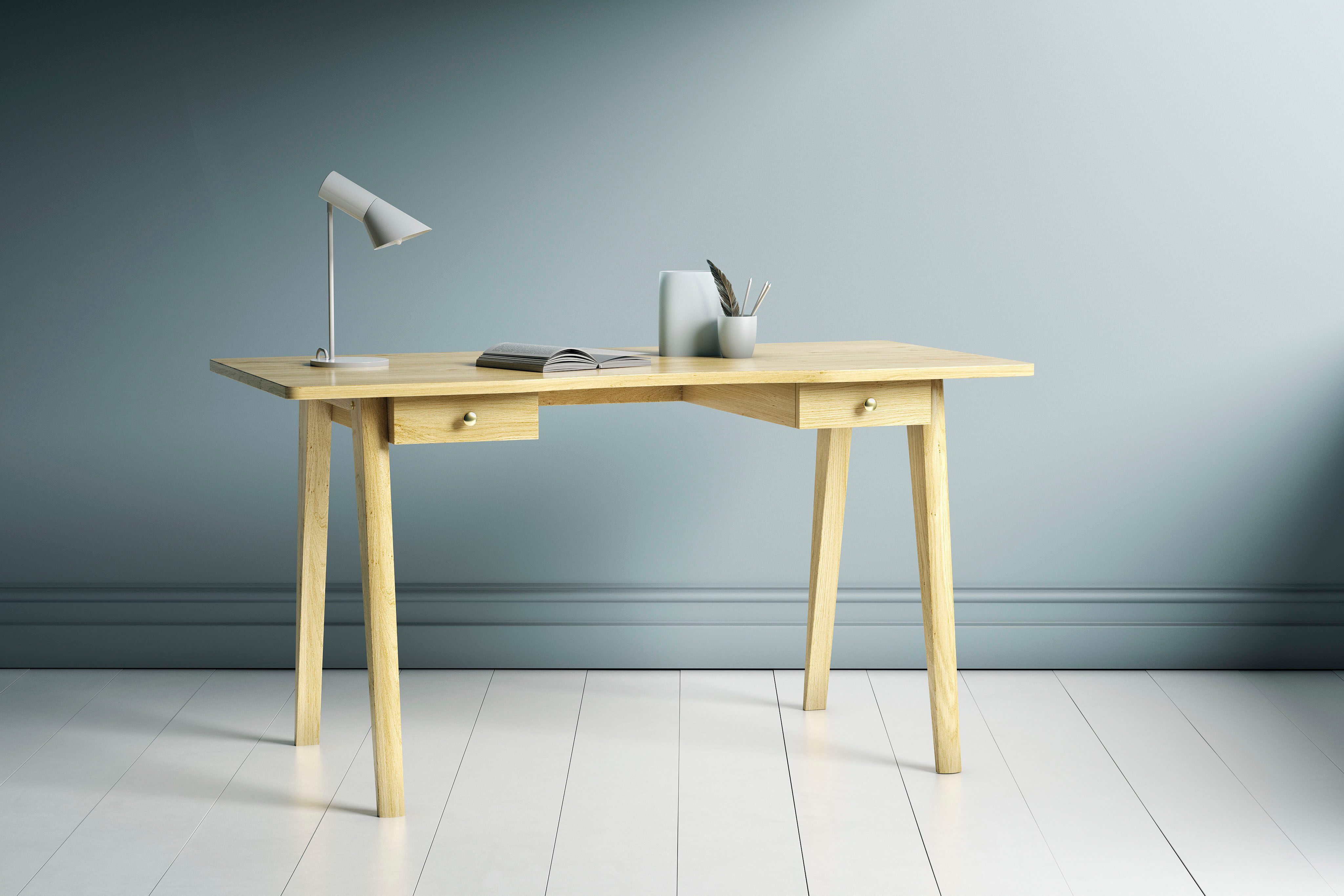 Schreibtisch WOODMAN "Nice", braun (eichefarben, eichefarben), B:140cm H:75cm T:70cm, Tische, Schreibtisch, im skandinavian Design, Tischbeine aus massiver Eiche, FSC eichefarben, eichefarben B/H/T: 140cm x 75cm x 70cm