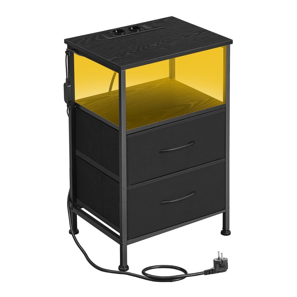 SONGMICS Nachttisch mit LED-Beleuchtung und Ladestation, Nachttisch mit 2 Schubladen und offenem Fach, schwarz LGSB35302BH02