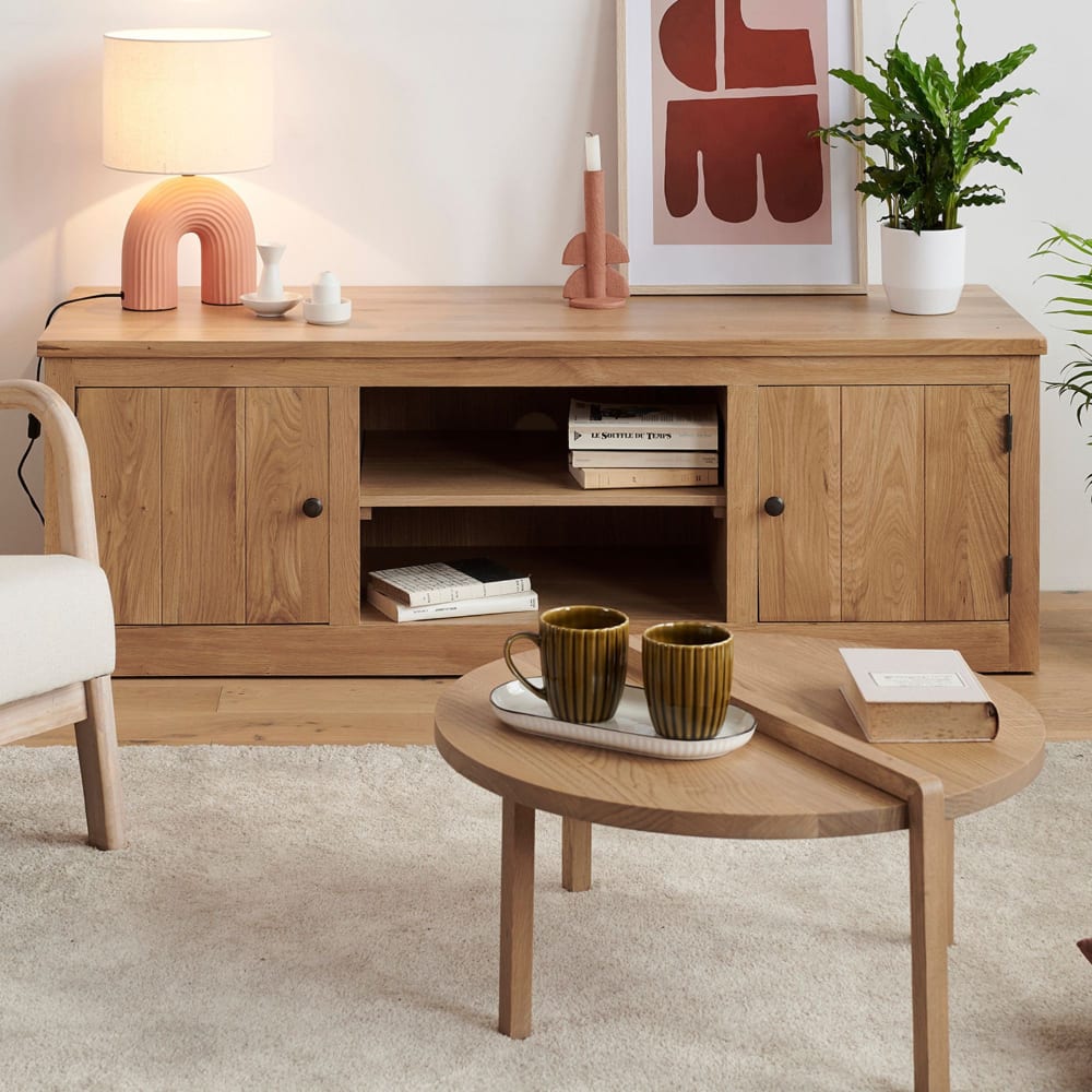 Hellin Meuble télé bas en chêne massif Marron 150x51x50cm