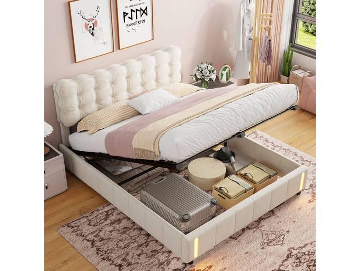 Lit coffre 140×190 cm ADWOLT lampe à détecteur hydraulique tissu en velours cadre de lit 140×190 cm beige