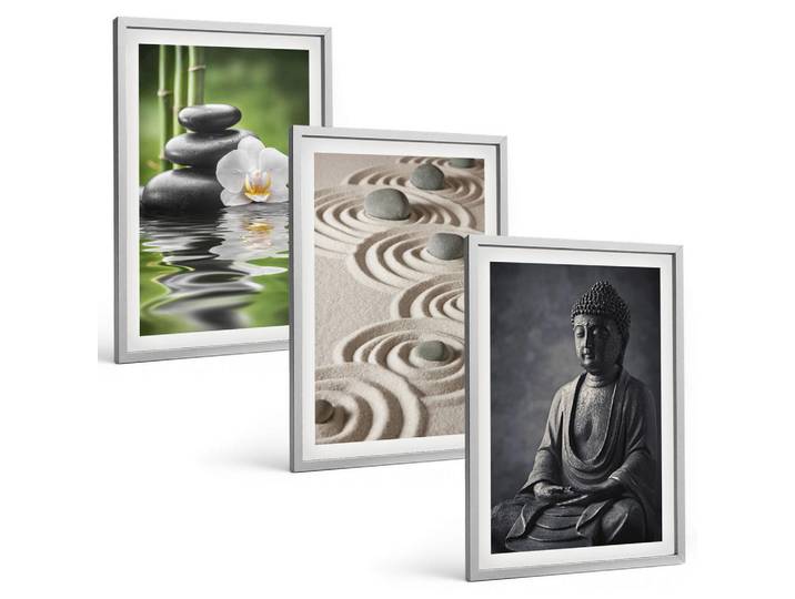 Tulup Bilder SET 3er Set - 40x60 cm Silberner Rahmen - Entspannender Blick auf den Zen-Buddha, Silberfarben, Kunststoff, Rechteckig, 40x60 cm, Fotografie, Bilder & Rahmen, Bilder