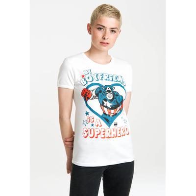 T-Shirt LOGOSHIRT "Marvel - My Boyfriend Is A Superhero", Damen, Gr. XS, weiß (altweiß), 100% Baumwolle, bedruckt, normal, Rundhals, Shirts T-Shirt, mit lizenzierten Originaldesign