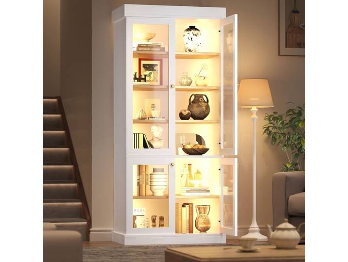 Vitrine en Verre avec Portes en Verre et éclairage-vitrine Debout avec étagères à 4 Niveaux- Bureau -Blanc-80×40×180cm