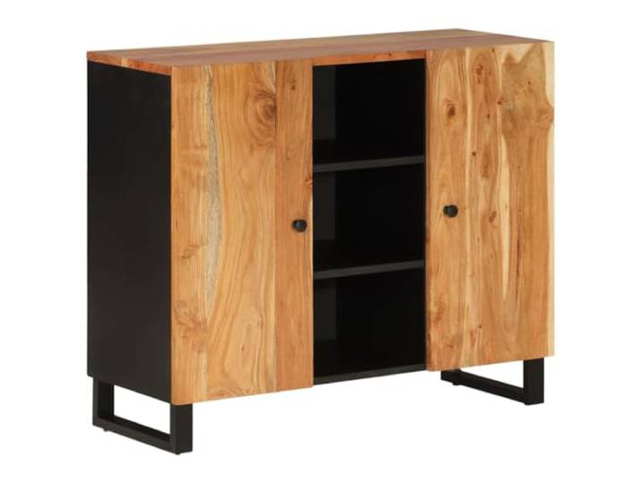 GHVBNMF Sideboard 90x33x75 cm Massivholz Akazie Kommode mit 2 Türen Stilvoller Anrichtenschrank aus Echtholz mit 7 Fächern und robusten Eisenbeinen für Wohnzimmer und Flur.