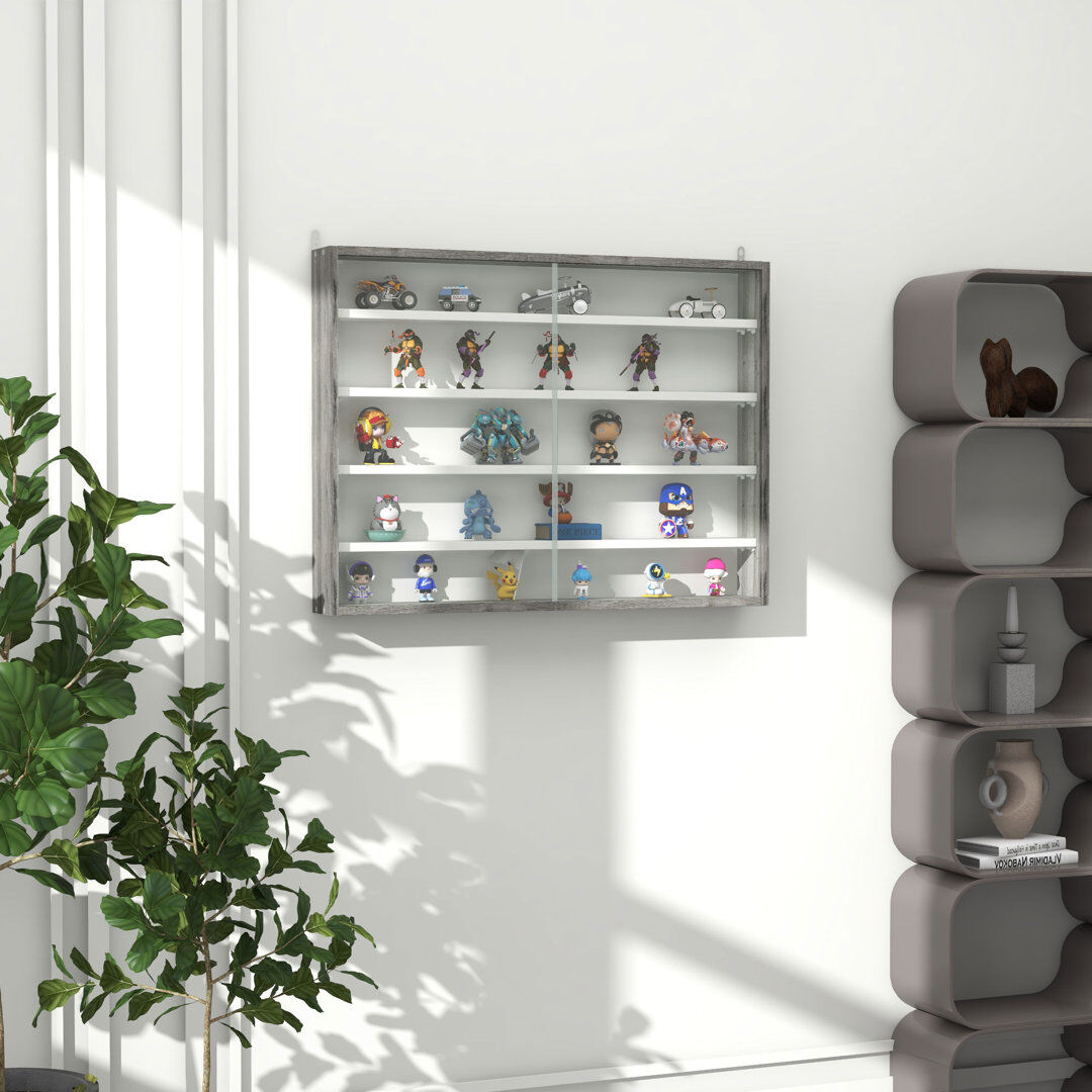 HOMCOM 5 Tier Wall Display Shelf Unit Cabinet w/ Shelves Glass Doors Grey 60cm H X 80cm W X 9.5cm D