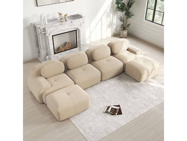 Canapé d'angle modulaire sans montage ergonomique - YEAVIO - accoudoirs courbés structure sans cadre velours côtelé beige