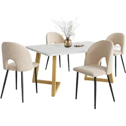 OKWISH Essgruppe 117x68x75 mit 4 Stühlen Beige Samt, Rechteckiger Esstisch, Elegantes Design für Esszimmer und Wohnzimmer