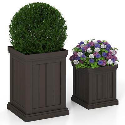 Costway Square Plastic Planters Set of 2 Small Flower Pots with Drainage Holes and Nesting Design-Brown