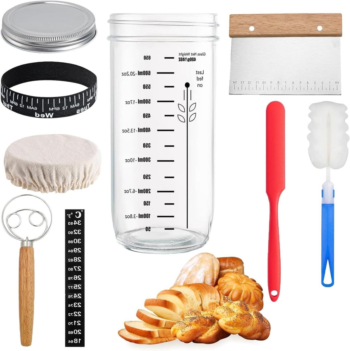 Sourdough Starter Set voor Thuisbrood Bakken met 680ml Glazen Pot, Thermometer, Spatel en Stofkap