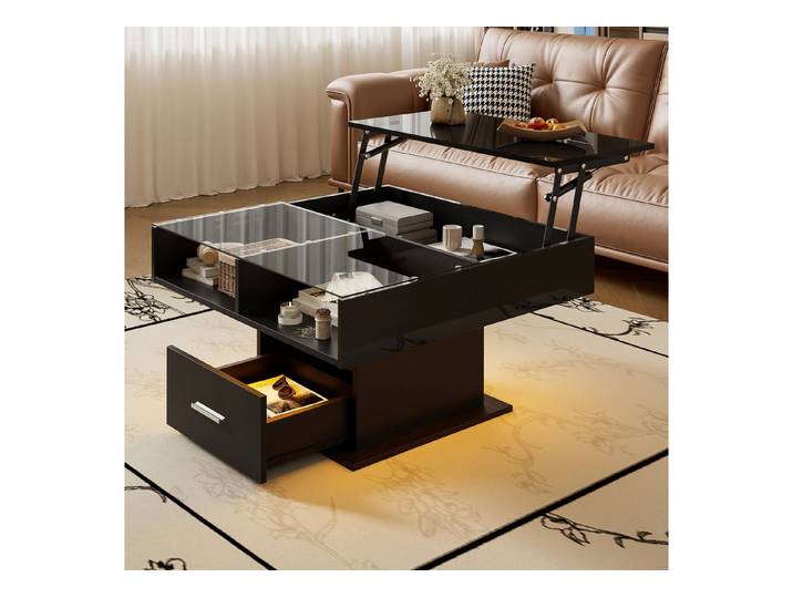 KLAM HOME Couchtisch Multifunktionaler Hochglanz-Lift-Couchtisch mit LED-Beleuchtung (verstellbarer Höhe & flexiblem Stauraum), modernes Design für Wohnzimmer, Büro & kleine Wohnungen