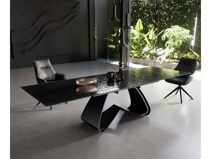 Table à manger Edge 200 300x100 verre fondu noir fumé relief en 3D cadre en W noir extensible
