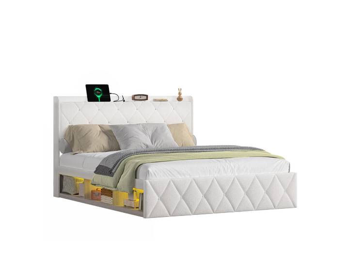 Oxeza Polsterbett 160/200 cm Beige mit 6 Ablagefächer, USB-Ladefunktion und LED-Lichtleisten, Weiß, Rechteckig, 160x200 cm, Schlafzimmer, Betten, Polsterbetten