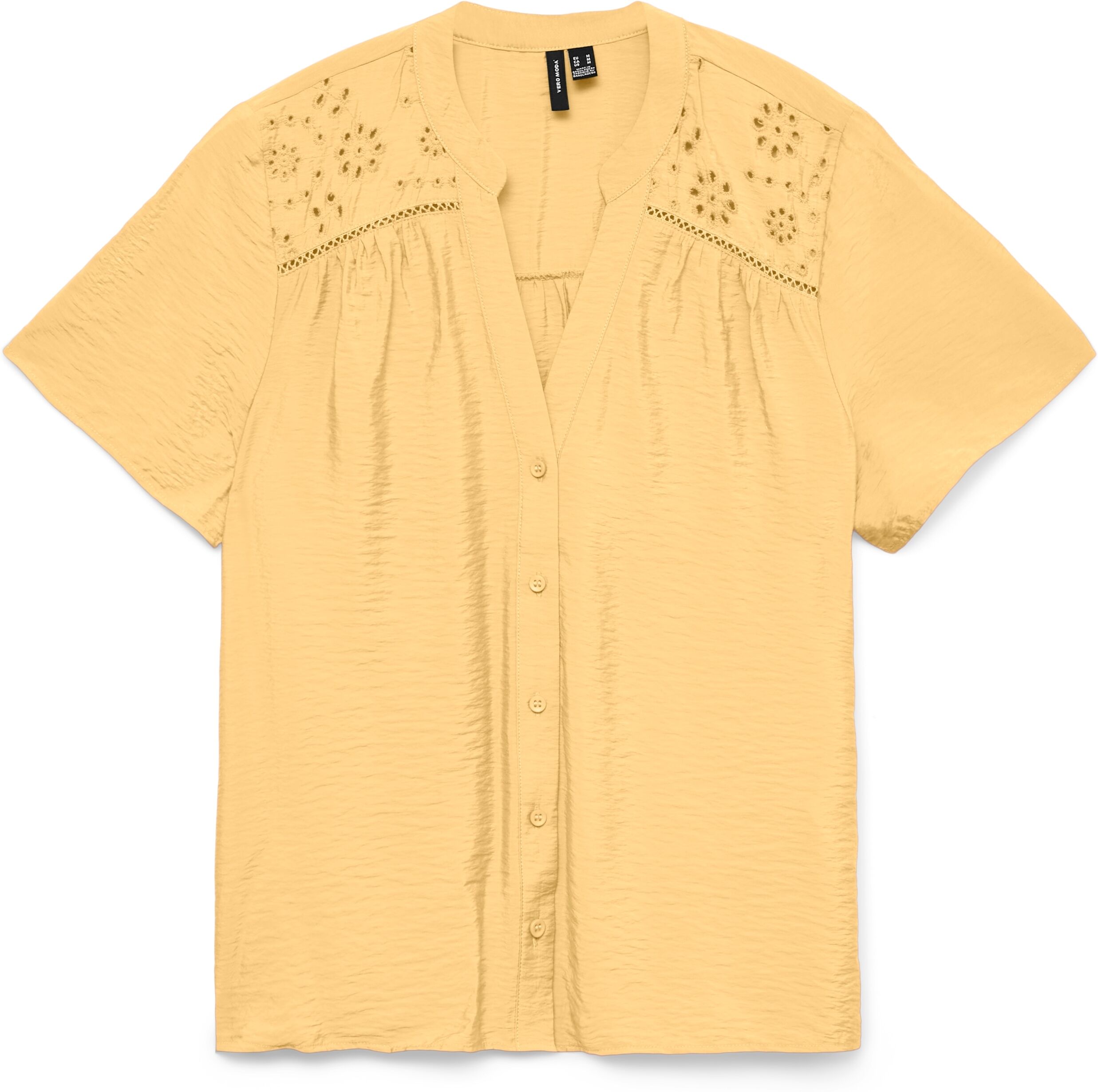 Kurzarmbluse VERO MODA "VMJOSIE SS EMB TOP WVN", Damen, Gr. XS, gelb (golden haze), Web, Obermaterial: 83% Viskose, 17% Nylon, unifarben, normal, V-Ausschnitt, Blusen Kurzarmbluse, Viskosemischung golden haze XS