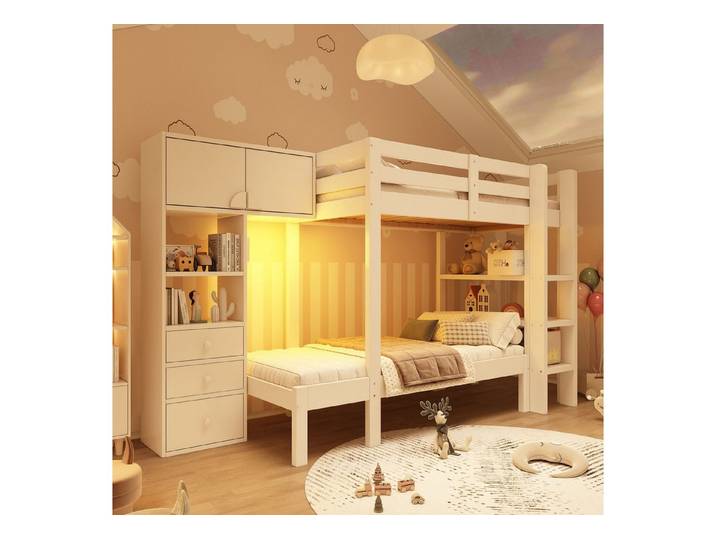 Flieks Etagenbett, Kinderbett 90x200cm mit intelligentem Nachtlicht, Schrank und Regal