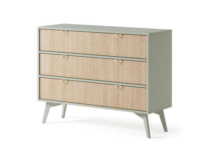 Ravio Kommode Silva 106 cm in Eukalyptus + Scandi-Fischgrätmuster mit Schubladen, Grün, Holz, 3 Schubladen, 106x81x38 cm, Kleinmöbel, Kommoden, Kommoden