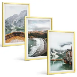 BILDER SET 3er Set - 40x60 cm Goldrahmen - Berge, See, Boot, Strand, Landschaft