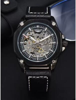 Uplift Essentials Automatic Mechanical Watch Hollow Dial Leather Strap For Men 8072 Black