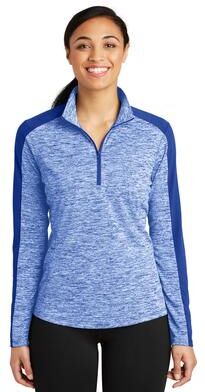 Sport-Tek LST397 Women's PosiCharge Electric Heather Colorblock 1/4-Zip Pullover T-Shirt in True Royal Blue Electric/True size 3XL
