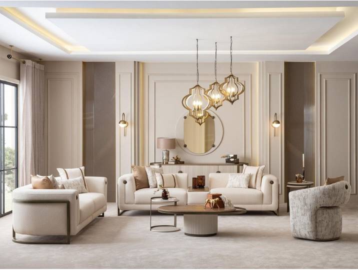 JVmoebel Polstergarnitur Beige Luxus Wohnzimmer Set Sofas Sessel Couchtisch Sideboard, (8-tlg), Made in Europa
