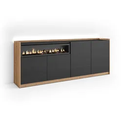 SIDEBOARD, Schwarz und Eiche, 207/37/80cm, Kamin mit Feuereffekt