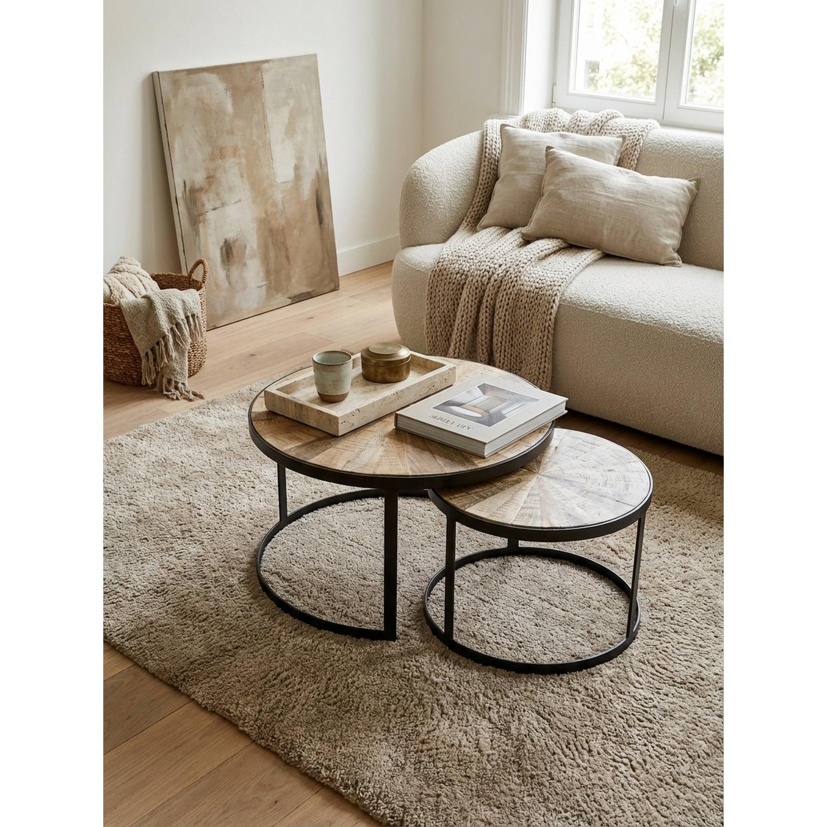 Couchtisch 2er Set Massivholz Metall Rund, Mango 60x60x40 cm