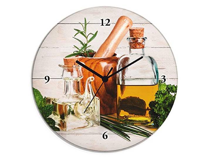 ARTLAND Wanddeko Wanduhr ohne Tickgeräusche Glas Quarzuhr Ø 30 cm Rund Lautlos Kräuter Gewürze Olivenöl Holzoptik Shabby Chic T5MO