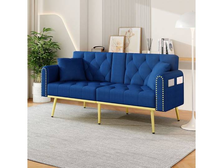 Canape Lit 2 Places Velours Bleu Convertible Design FloraGrace Pour Salon Ou Chambre Dossier Reglable 3 Positions 175x80x73 5cm