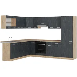 Vicco Eckküche R-Line 287x227 cm Schwarz Beton Eiche mit Arbeitsplatte Weiß-Marmor