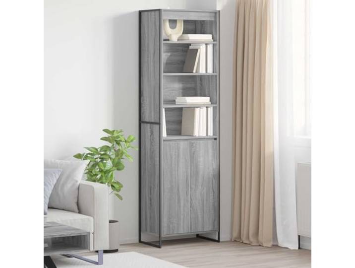 Hoher Schrank Graues Sonoma 60x36x200 cm Holzwerkstoff mit Stahlbeinen Industriedesign, Stahlbeine, viel Stauraum, Wohnzimmer, robust, langlebig, schlank, moderne Optik