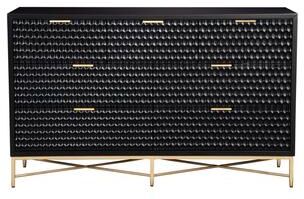 Benjara Rexi 56 Inch 7 Drawer Dresser, Honeycomb Pattern, Black Mahogany Wood, Gold