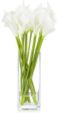 Enova Home Artificial Real Touch Lilies Fake Silk Flowers Arrangement in Glass Vase with Faux Water for Home Office Decoration