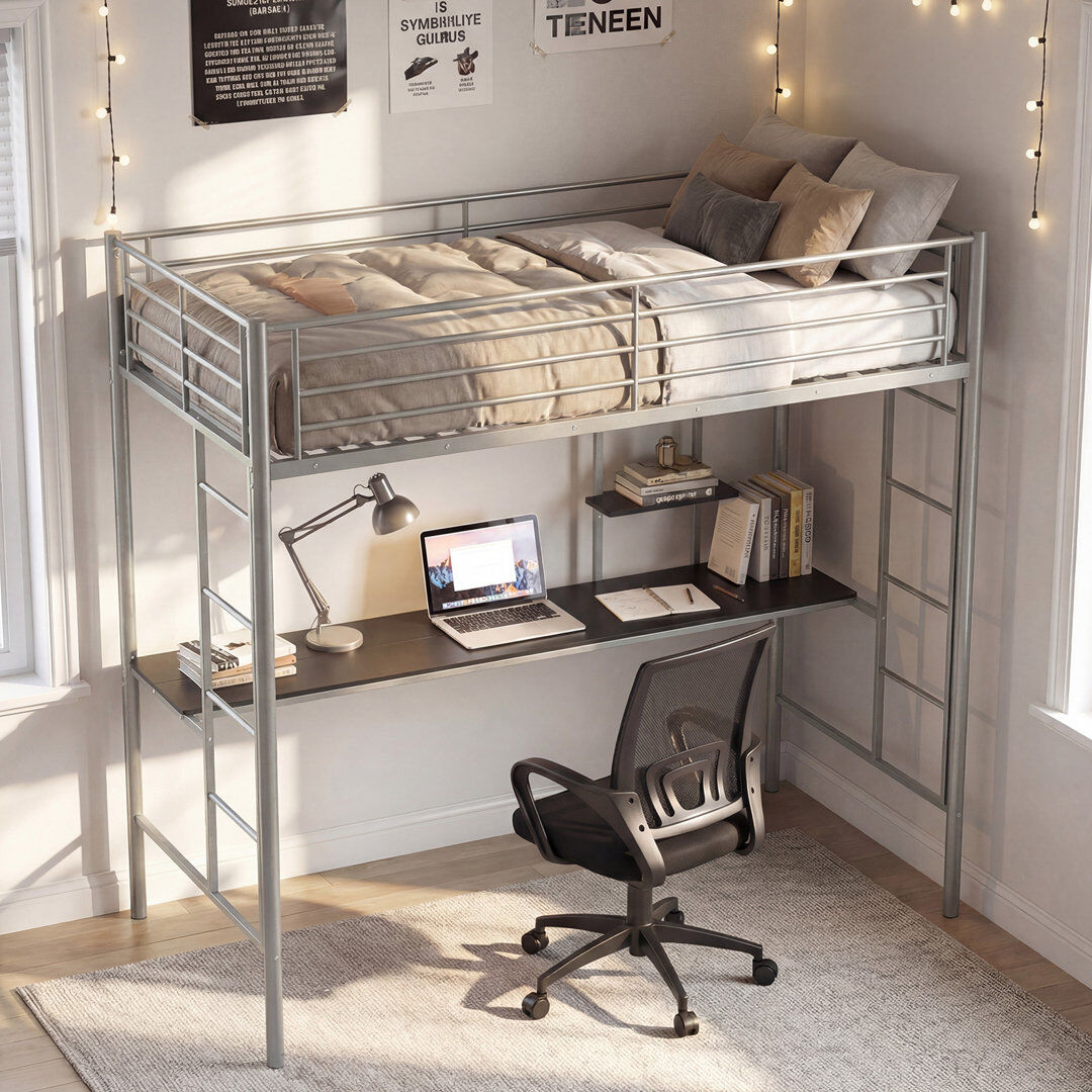 Rio Single Size Loft Bed with Desk & Shelves Silver