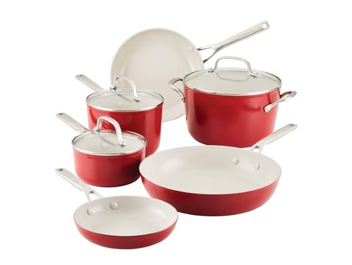 KitchenAid 9-teiliges Antihaft-Kochgeschirr-Set aus harteloxierter Keramik, inklusive Bratpfannen, Stielkasserolle, Suppentopf, langlebig, gleichmäßiges Erhitzen, ofenfest bis 260 °C, Empire Red