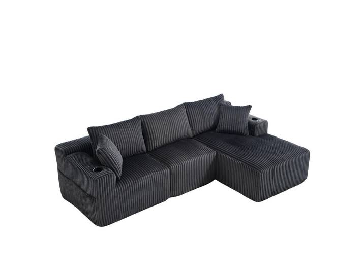 Oxeza Ecksofa 257/160/80 cm Grau mit Seitliche Staufächer und Getränkehalter, Mode, Rechteckig, 257x160 cm, Wohnzimmer, Sofas & Couches, Wohnlandschaften, Ecksofas