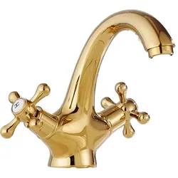 KLARWERK® EVA | Vintage Wasserhahn Bad Gold glänzend Badarmatur | Retro Edelstahl Armatur für Waschbecken | Hotel Gastro Mischbatterie 2 Anschlüsse