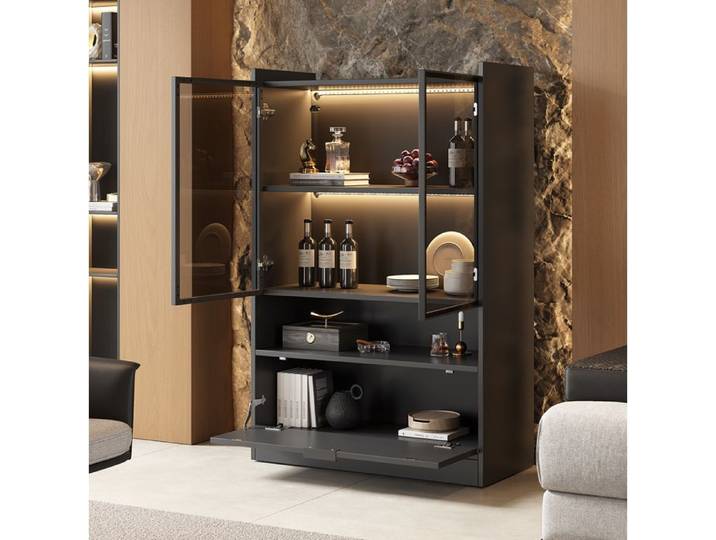 WOVREO Vitrine LED noire mate 80 x 35 x 120 cm en panneaux de particules et verre trempé