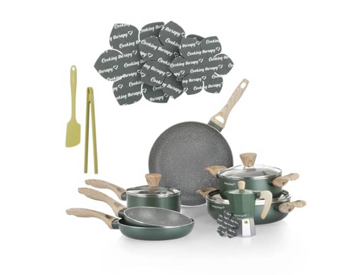 KASANOVA Kochgeschirr-Set Cooking Therapy – Induktionsgeeignetes Topf- und Pfannenset mit Pfannenwender, Komplettes Küchenset mit Lasergravur und Griffen in Holzoptik (16)