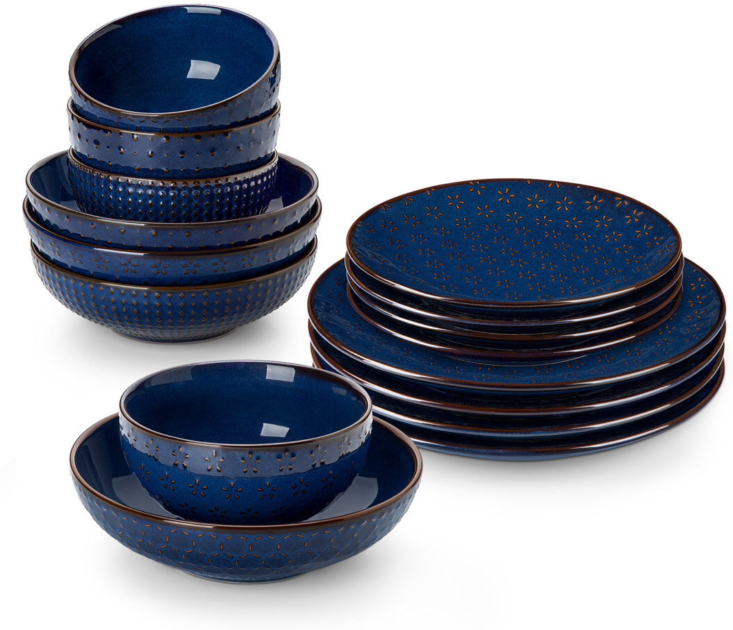 MALACASA 16 Piece Stoneware Dinnerware Set - Service for 4 Blue/Geometric Shapes 16