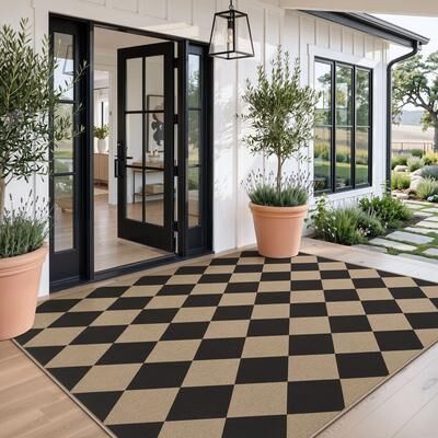 Bluebell Faux Jute Area Rug, Black & Natural Jute Checkered Washable Non-Slip Indoor Rug