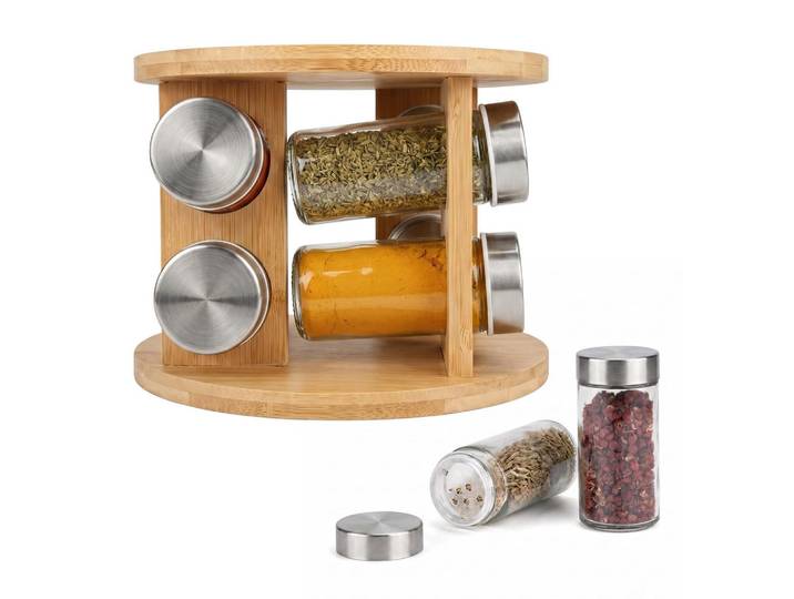 Relaxdays Gewürzkarussell Natur 8er-Set Bambus drehbar, Mehrfarbig, Holz, Metall, Glas, 19x15x19 cm, Küchenzubehör, Vorratsbehälter, Gewürzgläser