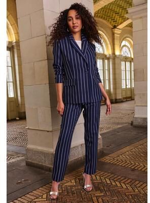 Plus Size Women's Bi-Stretch Shaped Blazer by Jessica London in Navy Tailored Stripe (Size 20 W)